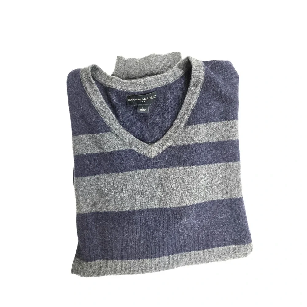 Banana Republic Blue Gray Striped V Neck Pullover Sweater‎ Men's Size Large